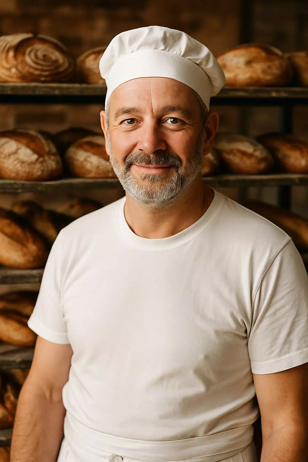 Lächelnder Bäcker vor einem Regal mit verschiedenen Brotsorten.