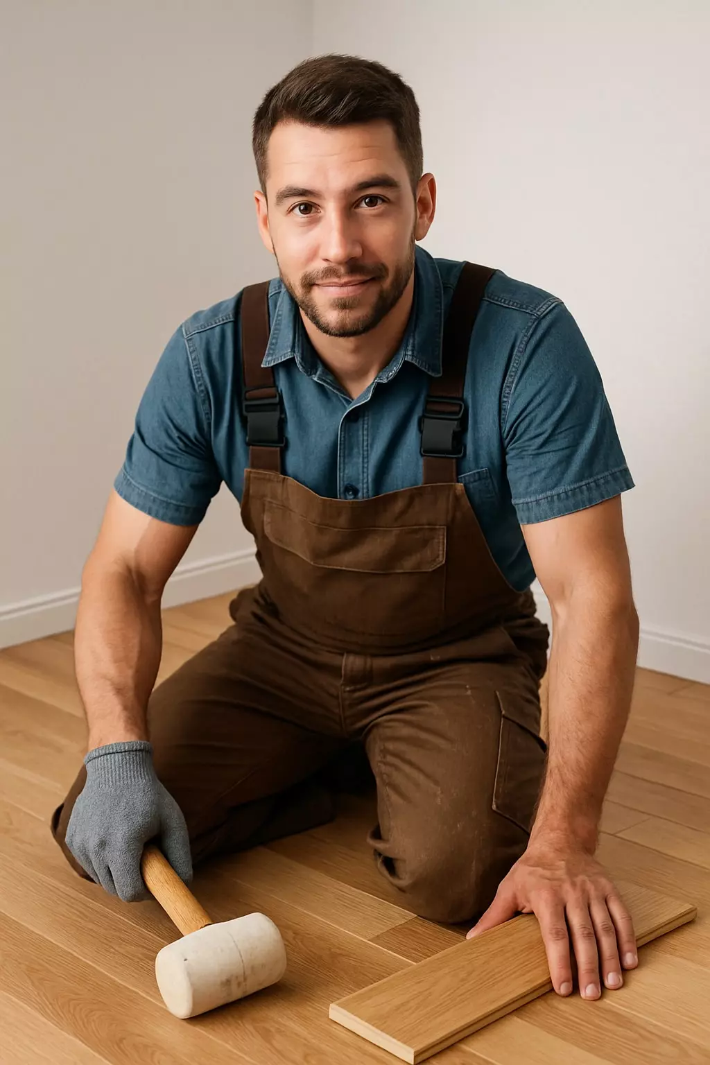 Handwerker in brauner Arbeitslatzhose bei der Montage von Laminatboden.
