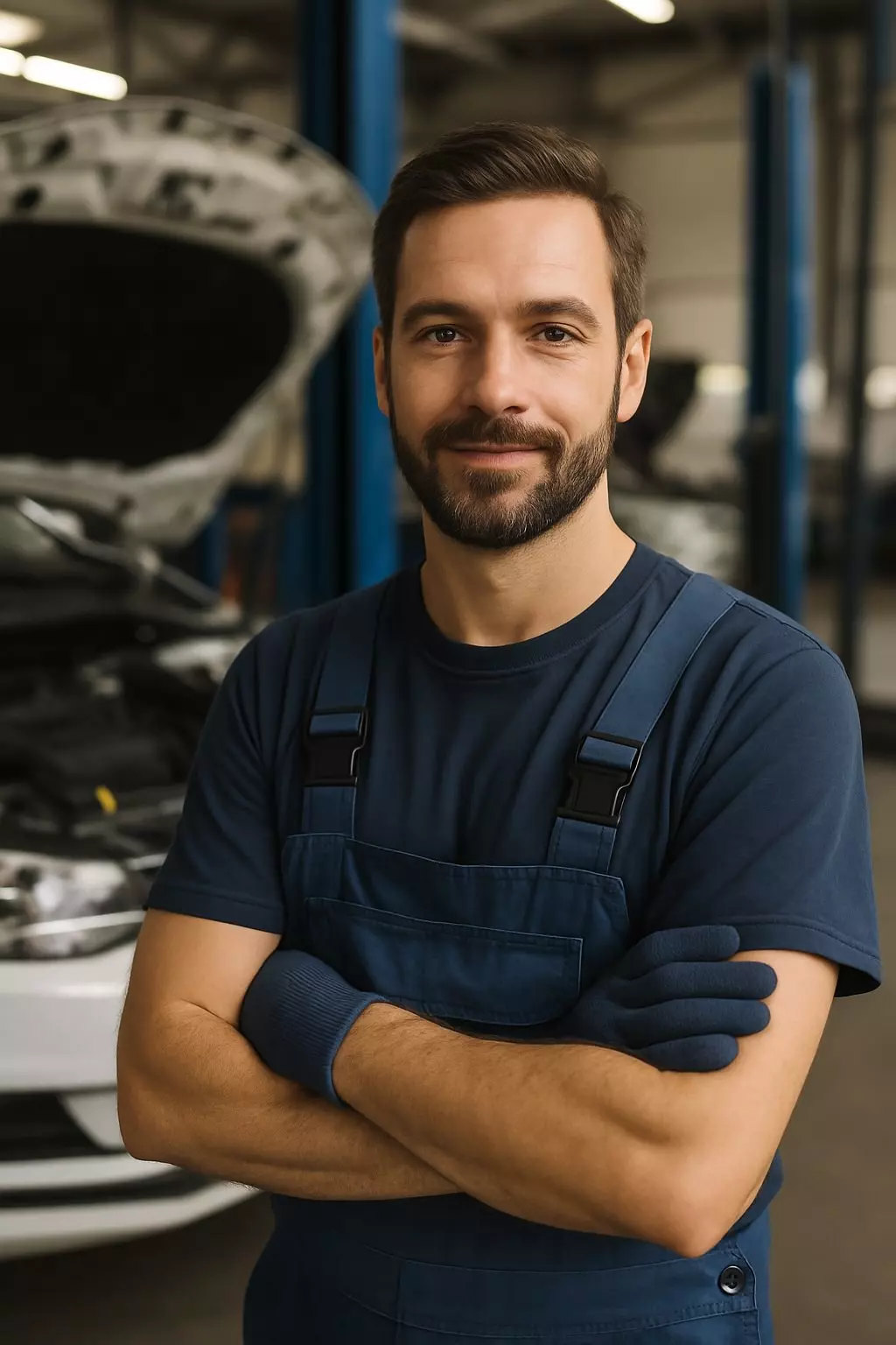 Mitarbeiter einer Autowerkstatt in Berufsbekleidung vor einem PKW.